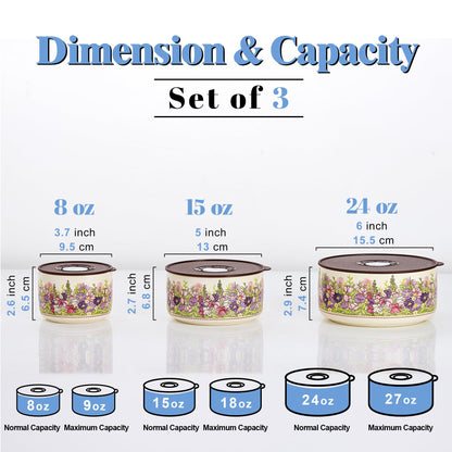 TAUFIKT Food Storage Containers with Lids, 4"/ 5"/ 6" Nesting Bowls Set, Serving Bowls with Lids Set, Pasta Ceramic Bowls Set Decorative Bowl for Soup, Stew, Cereal, Microwave and Oven Safe (Rose)