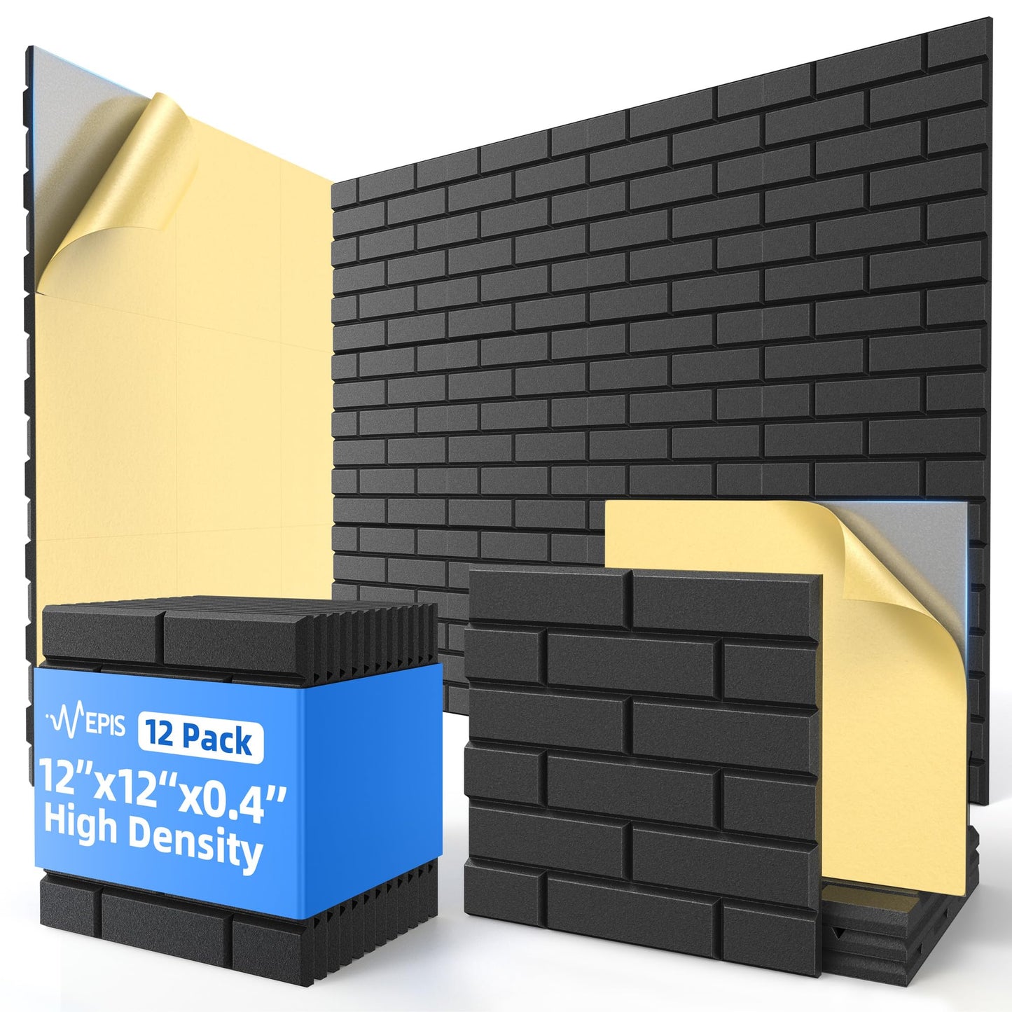12 Pack Acoustic Panels with Self Adhesive, 12" X 12" X 0.4" High Density Sound Proof Foam Panels for Walls, Soundproof Wall Panels, Brick Sound Absorbing Panels for Home Studio Office Decor - Black