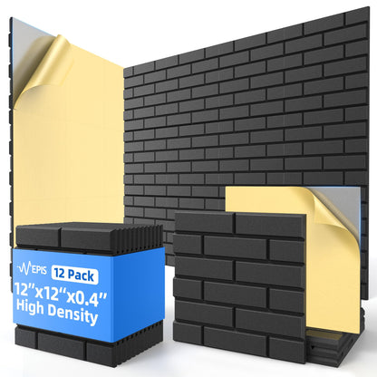 12 Pack Acoustic Panels with Self Adhesive, 12" X 12" X 0.4" High Density Sound Proof Foam Panels for Walls, Soundproof Wall Panels, Brick Sound Absorbing Panels for Home Studio Office Decor - Black
