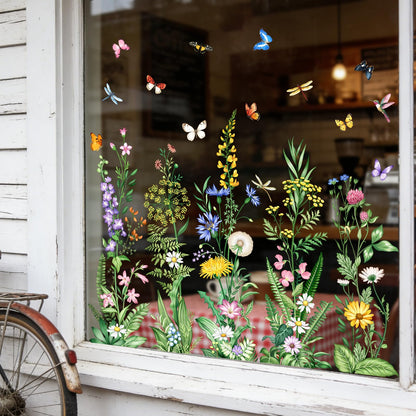 Tanlaby Wild Flower Window Clings Spring Floral Grass Wildflower Window Stickers with Butterfly Green Plant Static Window Decals for Home Glass Doors Decor