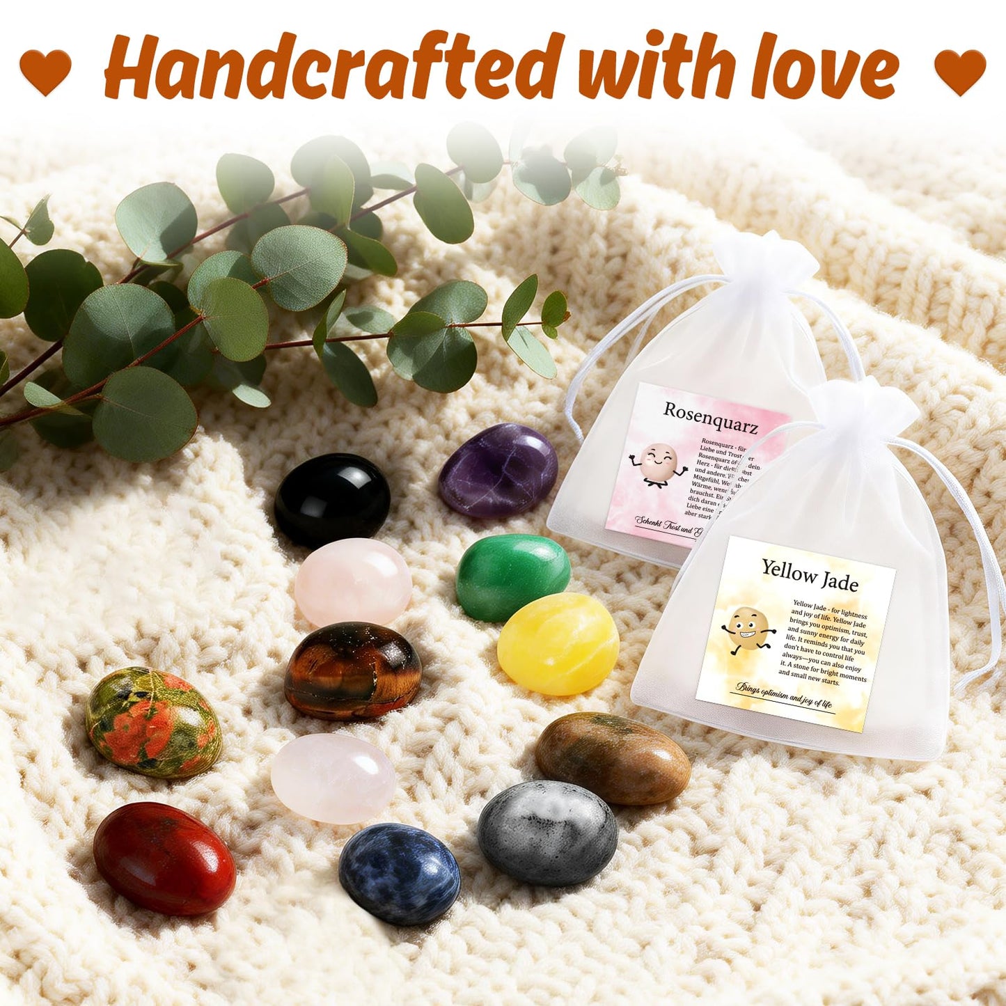 TUZELIYA 12Pcs Crystals and Healing Stones Set Meaning and Information Card Organza Pouch Bulk Polished Gemstones Emotional Support Natural Lucky Gems Family Teachers Friends Birthday Gifts Graduation