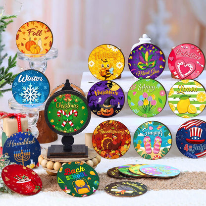 RattanView 21 Pcs Wooden Seasonal Decor Interchangeable Holiday Signs for Tiered Tray Farmhouse Table Centerpiece Mantel Desk All Year Decor for Winter Fall Valentine Home Decoration Gifts