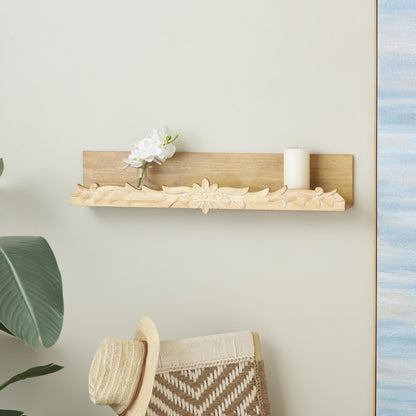 Deco 79 Wooden Floral Wall Shelf with Carved Scroll Lip, 30" x 6" x 6", Light Brown