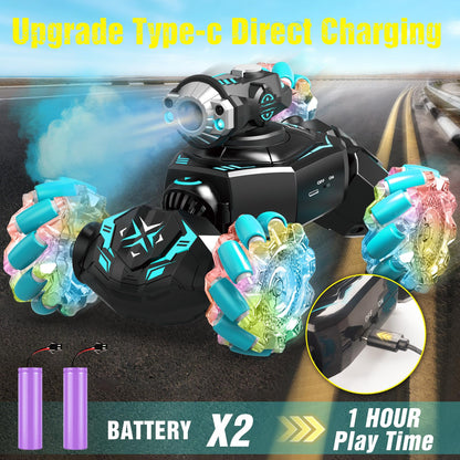FDCTR Gesture Sensing Remote Control Car, RC Cars Toys for Boys Age 6-12, 4WD Hand Controlled Twist & Transform 360° Spins Stunt Car with Mist, Light & Music, 8-10 Year Old Boys Birthday Gift Blue