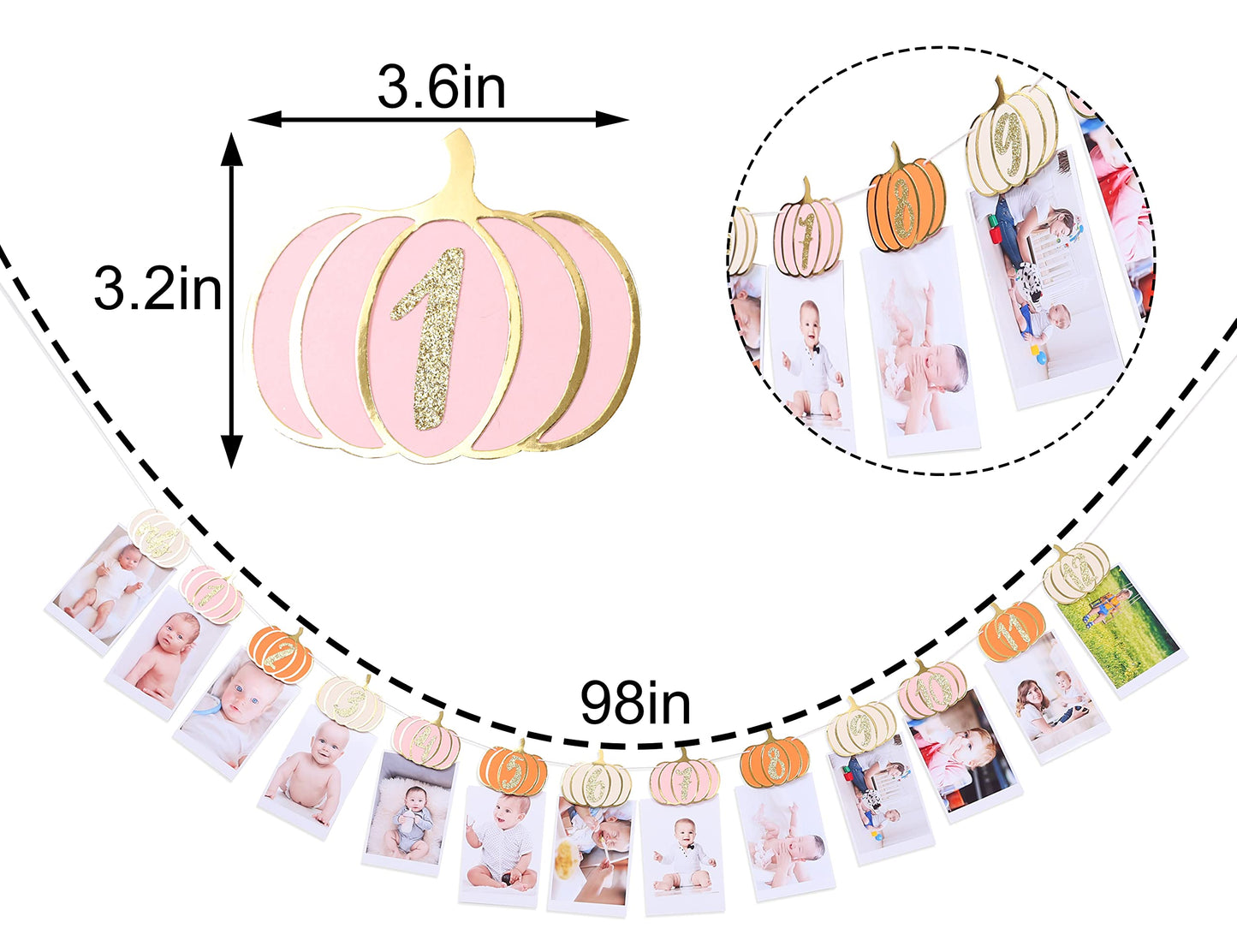 Pumpkin 1st Birthday Monthly Photo Banner for Baby Girls - Newborn to 12 Month Milestone, Pink Orange and Gold - First Birthday Decorations for Girl