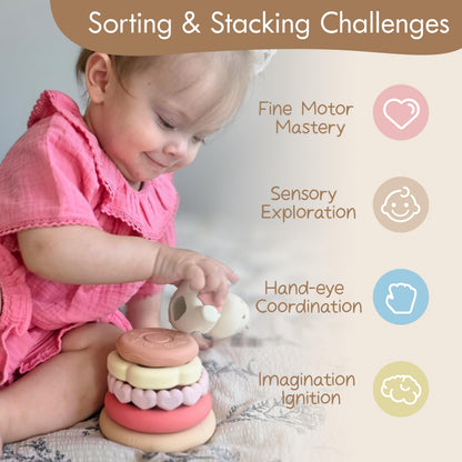 Moonkie Baby Silicone Toy Bundle | Food-Grade Push Cars (3-Pack) & Bunny Stacking Rings (7-Piece) | Safe One-Piece Design for Teething & Play | Montessori Educational Toys for Infants & Toddlers 6M+ |