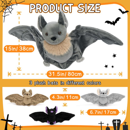 Tezituor 4Pcs Realistic Bat Stuffed Animals Set, 32inch Large Mommy Stuffed Bat with 3 Cute Babies for Boys Girls, Hugging Soft Bats Plushies Toy Gift for Halloween Party Decoration