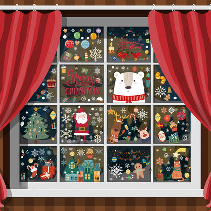Christmas Window Clings Decorations, Xmas Stickers for Glass Windows, Fun Gift for Kids, Cute Decal Decor with Santa, Polar Bear, Snowflakes, 8 Sheets