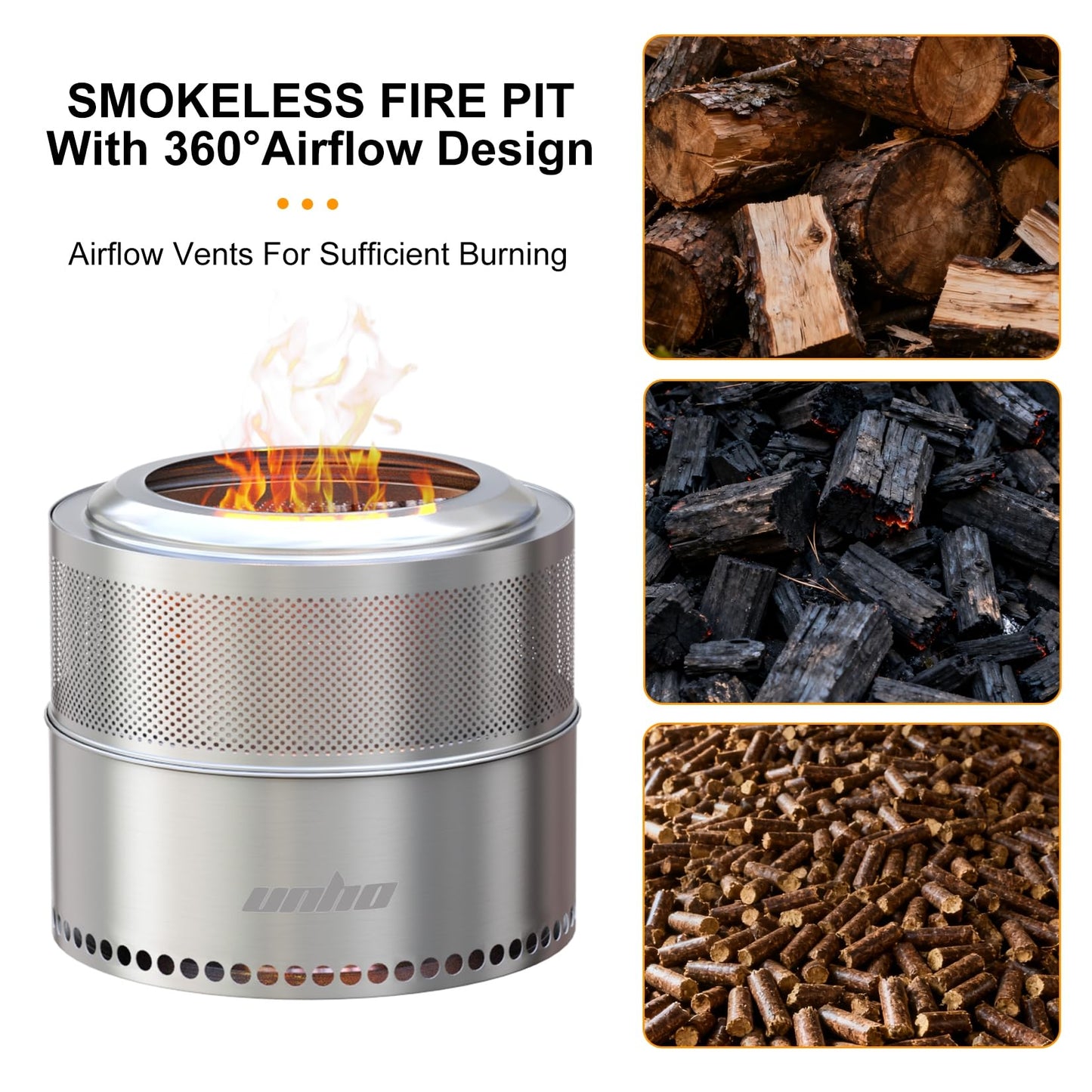 unho 20 Inch smokeless firepit for Outside Wood Burning Stove, Stainless Steel Outdoor Portable Fire Pit for Backyard, Patio, Garden, Picnic