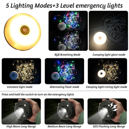 Janhaley Camping String Lights, 32.8ft Portable Outdoor String Lights with 8 Lighting Modes, Qucick Storage, 2 in 1 Waterproof Camping Lanterns for Camping, Christmas, Outdoor