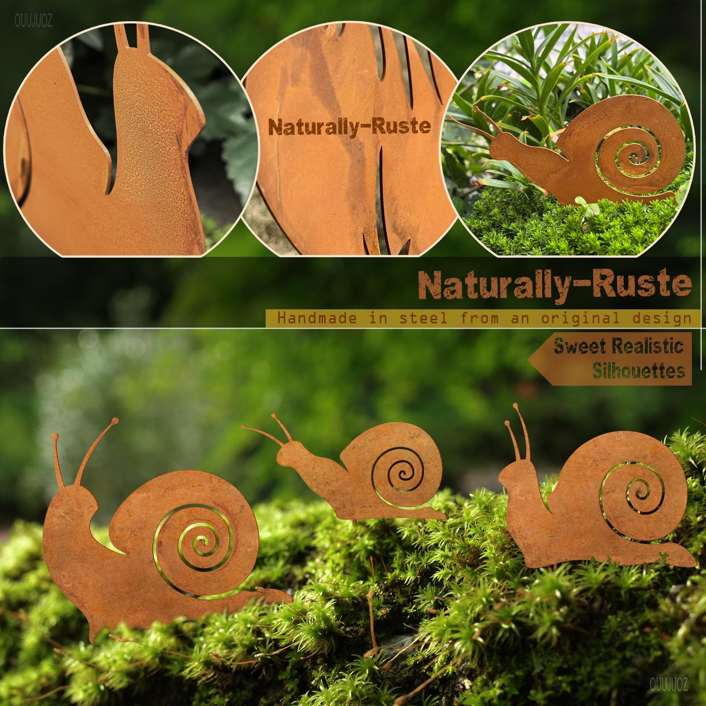OUUJUOZ 3pcs Metal Yard Art,Snail Garden Decor, Outside Lawn Ornaments Porch Backyard Sculpture, Patio Lawn Garden Yard Decorations