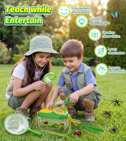 Bug Catcher for Kids, 17 PCS Bug Catching Kit with Bug Collector Toy Bugs Butterfly Net Magnifying Glass Insect Catcher Tweezers, Outdoor Explorer Kit for Kids Age 3 4 5 6 7 8