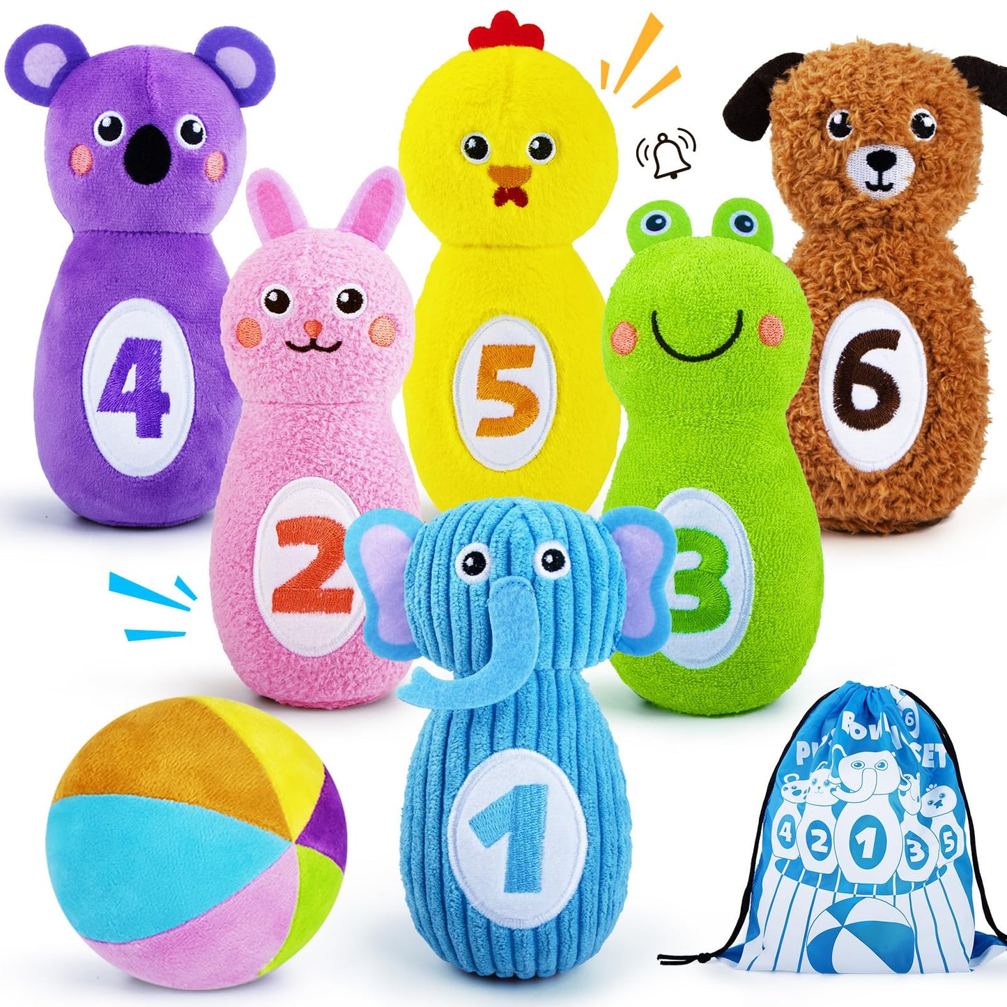 teytoy Baby Bowling Set for Toddlers 1-3, Bowling Games for Kids Indoor with 6 Pins and Storage Bag, Animal Themed Sensory Toys with Rattle & Number, Easter Christmas Birthday Gift