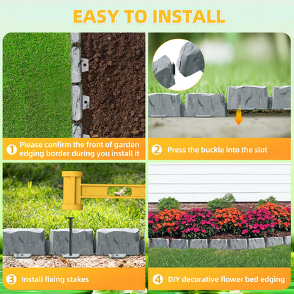 16 Pack(24FT) No Dig Landscape Edging with 48 Spikes,3 Inch Tall Stone Gray Faux Stone Edging for Landscaping,Garden,Flower Beds,Grass,Yard,Paver,Pathway Decorative Fence