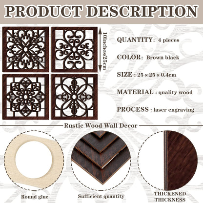Yulejo 4 Piece Thicken Rustic Wall Decor - Wooden Hollow Carved Design Rustic Wall Art for Living Room, Bedroom, Hallway, Office, Kitchen (Brown, Black)