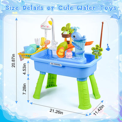 Upgraded Toddler Sand Water Table Toy with Electric Water Pump, Kids Sand Water with Faucet/Play Food Accessories/Fishing Toy, Kitchen Play Sink Toys for Girl Boy Age 3+ (Blue-Cloud)