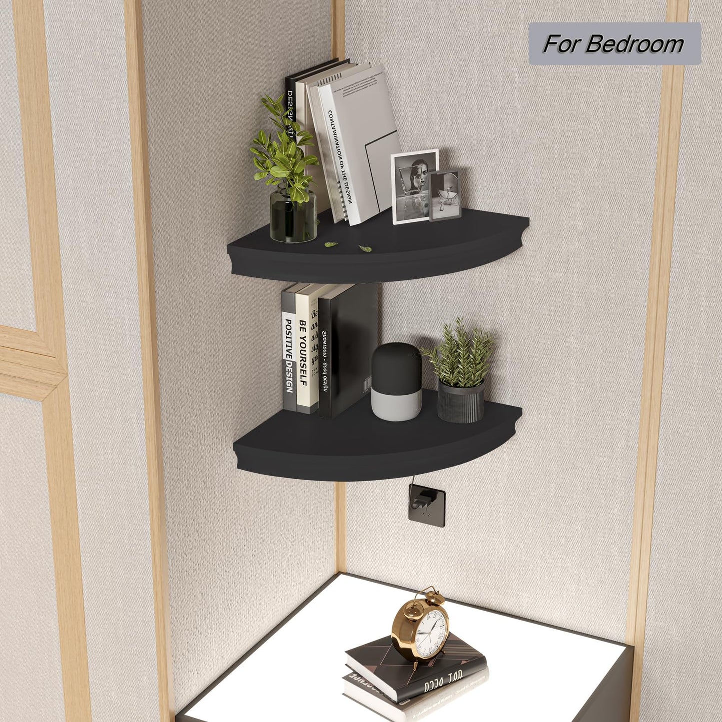 HAO Floating Corner Shelf Invisible Wall Mounted Shelves Radial Shape Cable Wire Hole Pattern Perfect for Bedroom Bathroom Living Room Kitchen Set of 2 Black