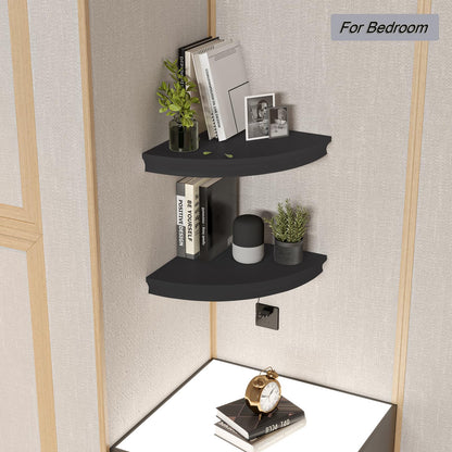 HAO Floating Corner Shelf Invisible Wall Mounted Shelves Radial Shape Cable Wire Hole Pattern Perfect for Bedroom Bathroom Living Room Kitchen Set of 2 Black