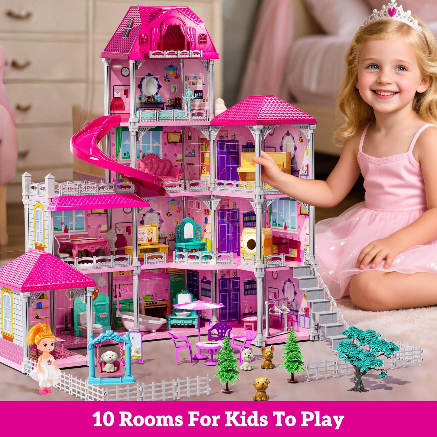JUKUDAHU Villa Playset for Girls Ages 3-7, 4-Storey House with 10 Rooms, 2 Dolls, Furniture and Accessories, Indoor Playset Girls Toys for Ages 6-8, Pretend Toddler Toys, Birthday Gifts for Kids 4-8