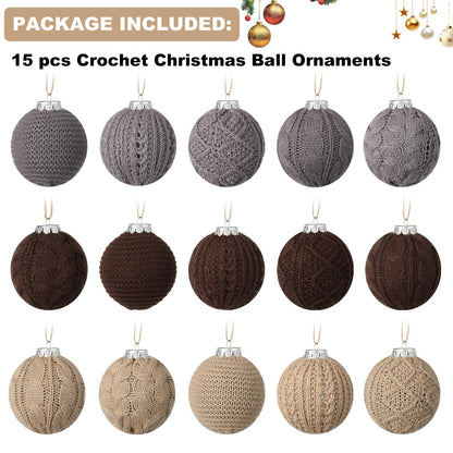 15-Pack Neutral Christmas Ornaments Crochet Christmas Balls - Handmade Style Yarn Ornaments,3.15 inch Knitted Cotton Baubles for Rustic Farmhouse Holiday Xmas Gift Decor (Grey Scheme)