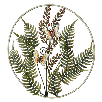 Fern Leaf Nature Metal Wall Sculpture | Handpainted Green, Brown, Ivory, and Gold Earth Tones | Dimensional Textured Botanical Fern Frond Round Wall Art | Textured Metallic Butterfly Circle Wall Decor