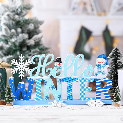 MiniInflat Hello Winter Table Decor Winter Metal Table Sign Christmas Blue Snowman Snowflake Decor with Wood Base for Wonderland Decorations Xmas Home Tiered Tray Mantel Tabletop Centerpiece