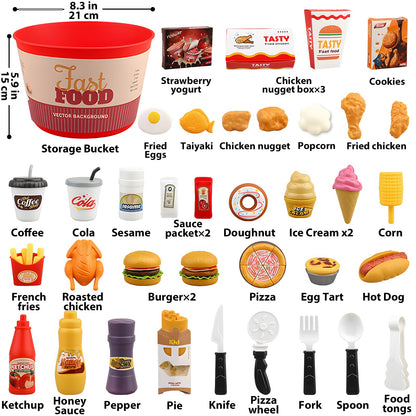 Hydeem 80 Pcs Pretend Play Food Toy for Kids Kitchen Aged 3 4 5, Fast Food Set with Storage Bucket, Pizza, Burger, Ice Cream, Hot Dog, Educational Birthday Toy Gift for Boys Girls