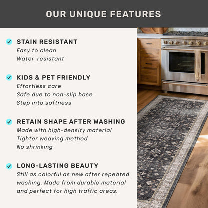 Black Washable 2x3 Entry Rug, Small Rugs for Entryway Kitchen Bathroom Door Mat Indoor Entrance, Non Slip Rubber Backing, Stain & Fade Resistant, Ashen Charcoal Floral Farmhouse Decor