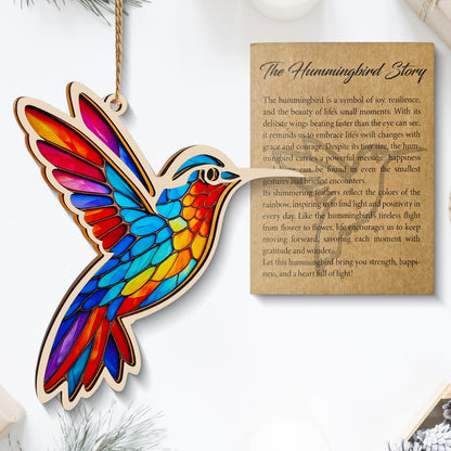 Hummingbird Christmas Ornament, Hummingbird Gifts,Stained Glass Window Hanging Gift for Women, Wood & Acrylic Memorial Keepsake for Christmas Tree, Home Decor (Burlywood)