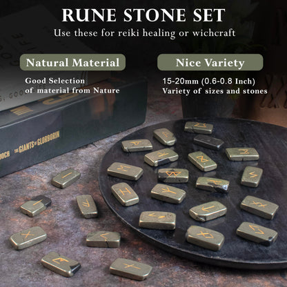 Crocon Golden Pyrite Rectangle Shape Gemstone Runes with Elder Futhark Alphabet Engraved 25 pcs Rune Set Crystal Divination Healing Chakra Reiki Runes Set with a Pouch Size : 20-25mm
