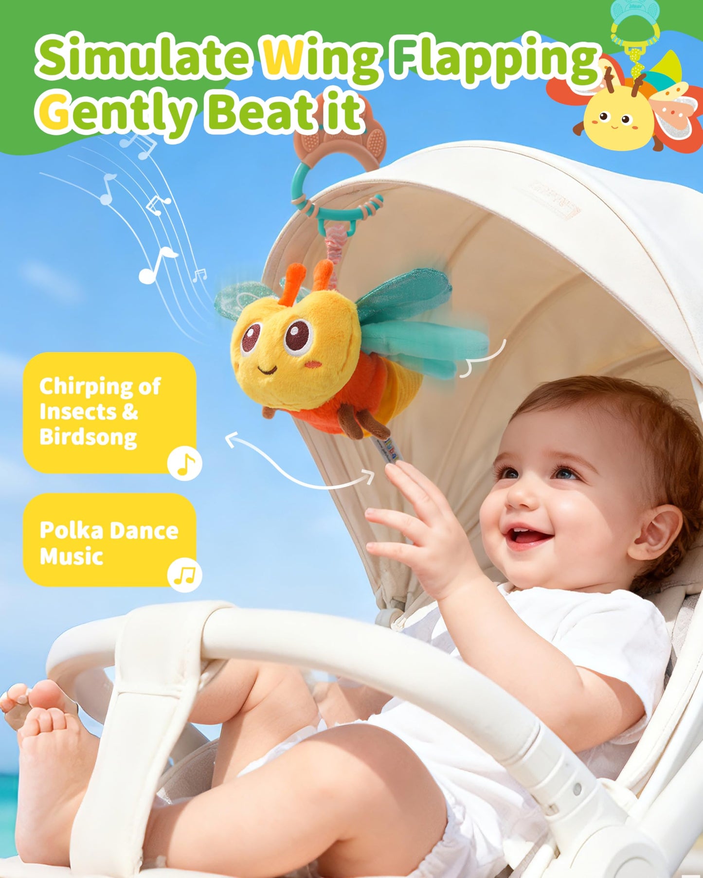 Jollybaby Musical Flying Dragonflies Toy - Car Seat, Stroller, Crib & Play Gym Hanging Toys for Baby 0-6-12-24 Months, Tummy Time Sensory Music Toy for Infant Boys and Girls Gifts