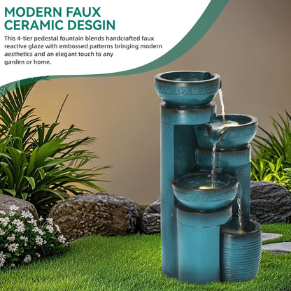 Autodaya 19.3" H Pedestal Outdoor Water Fountain with LED Lights and Pump, 4-Tier Cascading Water Feature, Tranuil Waterfall for Relaxing Garden, Patio, Yard, or Porch, Turquoise, Faux Ceramic Finish