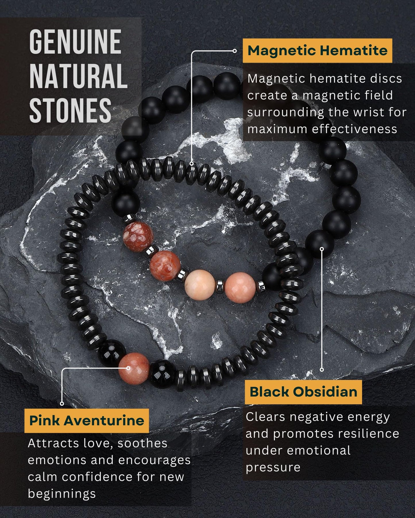 WestLuna Magnetic Hematite Bracelets for Women Men, Adjustable Pink Aventurine Black Obsidian Natural Stone Magnet Beaded Bracelets, Slimming Crystal Chakra Energy Bracelet Gift (Pink Aventurine, Small)