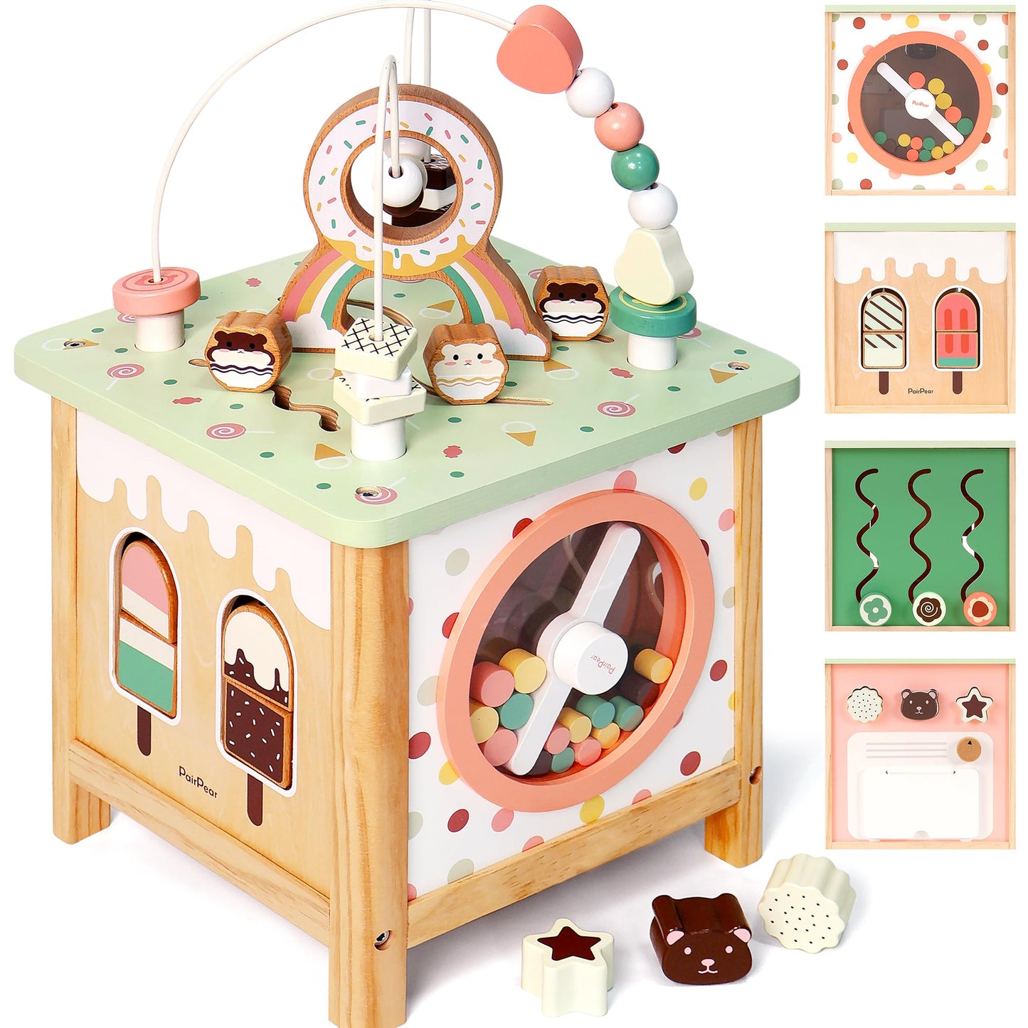 PairPear Wooden Activity Cube Montessori Toys Wooden Play Cube Activity Center Baby Busy Board Multifunctional Early Educational Development Toys Sensory Gifts for Toddlers Girls Boys 1 2 3 Year Old