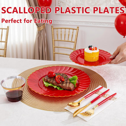 Ciaell 175 PCS Red Scalloped Plastic Plates with Gold Trim - Red Plastic Silverware with Handle - Fancy High-End Dinnerware Sets for Wedding & Party & Mother's Day