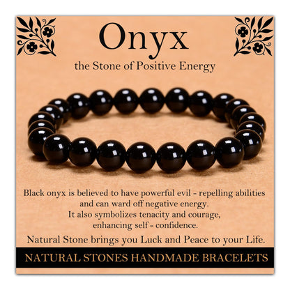Handmade Natural Gemstone Elastic Bracelet - Healing Crystal Beads Jewelry, Unisex (Black Onyx, 8mm)