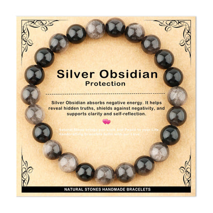 AD Beads 8mm Handmade Silver Obsidian Elastic Bracelet – Natural Gemstone for Protection – Meditation, Yoga, Healing and Energy Gift for Men Women