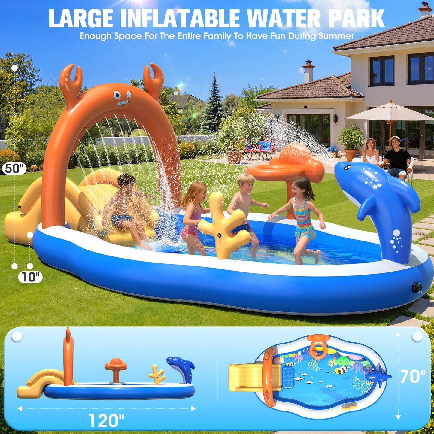StarOcean 2026 Large Inflatable Play Center,Kiddie Pool with Water Slide&Sprinkler,120''x70"x50''Inflatable Toddler Pool with Slide,BlowUp Water Play for Toldder,Inflatable Water Park for Kid Backyard