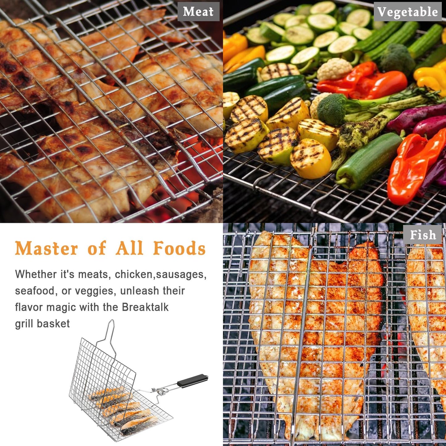 BBQ Fish Grill Basket with Basting Brush – 20.5"x13.5" Lockable Nonstick Grilling Basket with Beech Wood Handle, Chrome-Plated Carbon Steel Mesh for Fish, Meat, Vegetables