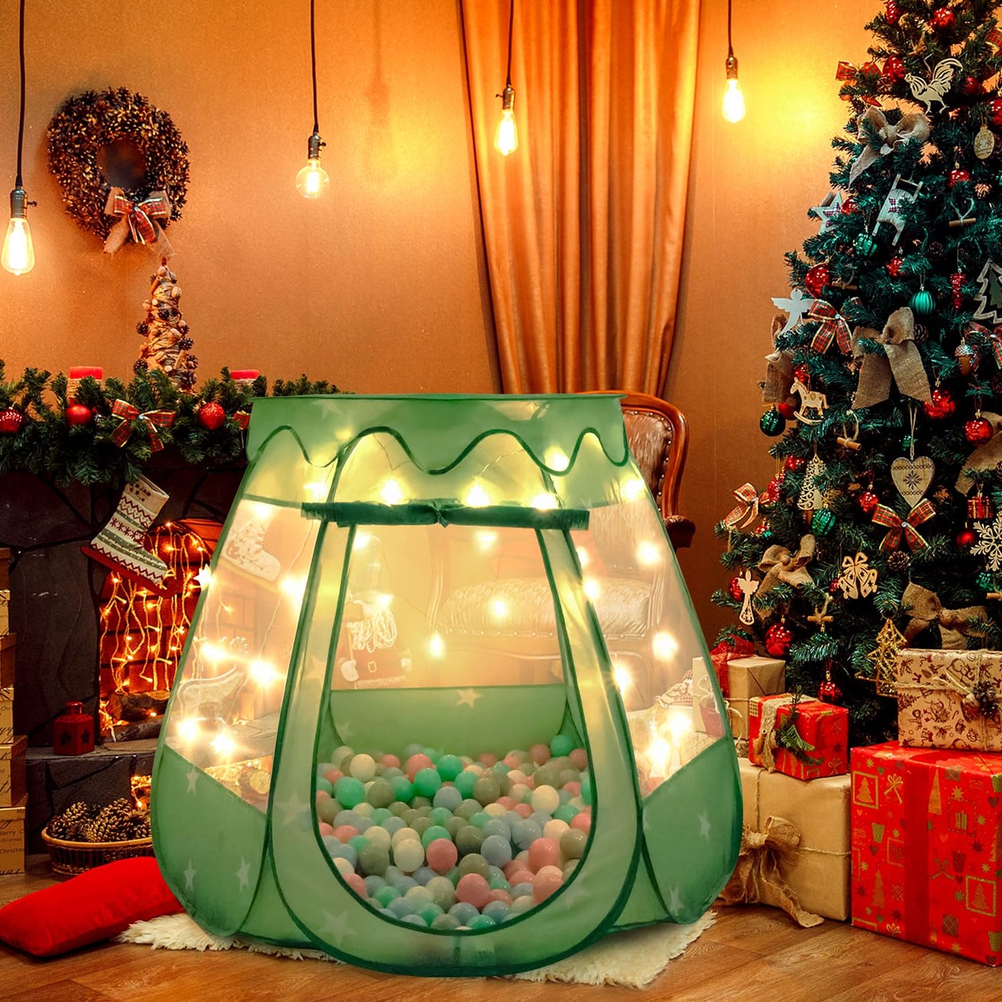 Baby Ball Pit for Toddler with 50 Balls, Pop Up Tent Kids with Star Lights for 1 2 3 Year Old Birthday Gift, 12-18 Months Baby Girl Toys with Carrying Bag, Indoor&Outdoor Play Tent for Kids(Green)