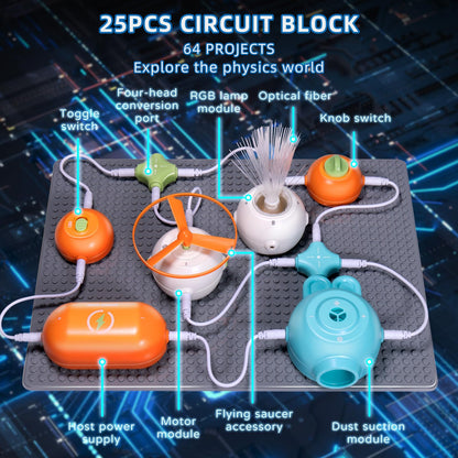 Circuits Science Kit for Kids Ages 3-12 | 64 STEM Projects with 25 Electronic Parts | No Soldering, Kids Circuit Board Kit with Fan, RGB Lights| Educational STEM Toy Gift for Boys & Girls 6-8