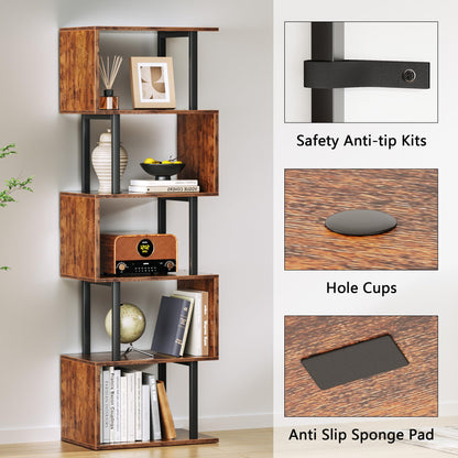 Furologee 6 Tier Bookshelf, Tall S Shaped Geometric Bookcase, Modern Display Shelf Standing Unit, Wood Metal Decorative Divider Rack for Living Room Bedroom Office, Rustic Brown