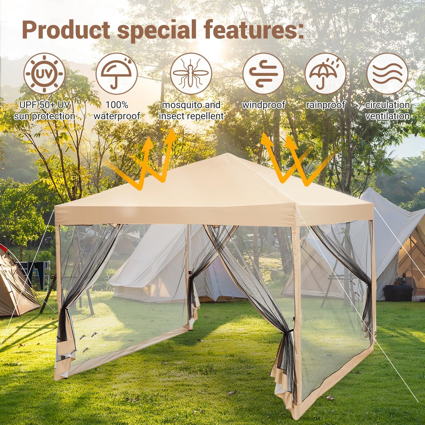 GarveeHome Easy Setup Pop-Up Canopy Tent 10x10ft – Waterproof Outdoor Gazebo with Mesh Mosquito Netting, Removable Sidewalls, UV Protection, Portable Sun Shelter for Camping, Patio, Beach, Events –