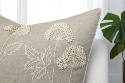 Rudransha Hand Embroidered Wildflower Throw Pillow Cover - 20x20 Inch Natural Linen - Blooming