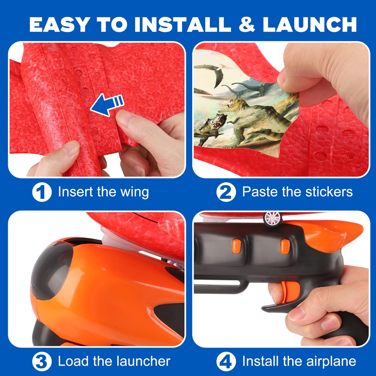 Onysurui 3 Pack Dinosaur Airplane Launcher Toys,Flying Toys for 3 4 5 6 7 8 9 10 Year Old Boys,Kids Toys 5 6 7 8 9 10 12 Year Old Boy Gift Ideas,Airplane B-Day Party Supplies, Green,Orange,red