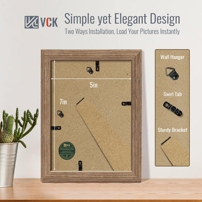 VCK 5x7 Picture Frame 2 Pack - Walnut, High-End Wood Poster Frames with Tempered Glass, Display 4x6 Photo with Mat or 5x7 without Mat, Art Gallery-Quality, Wall Hanging/Tabletop, Walnut