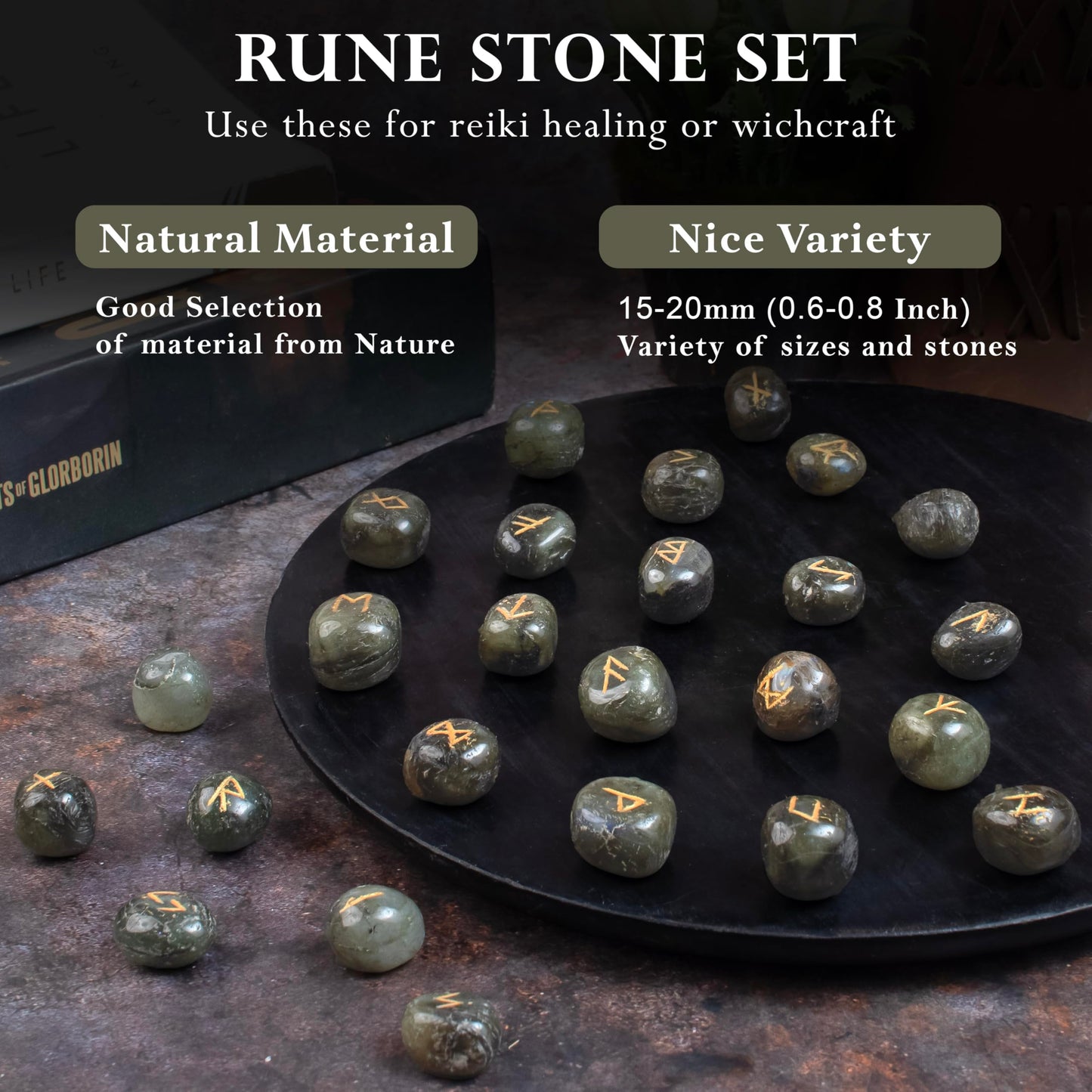 Crocon Labradorite Rune Stones Set Engraved with Elder futhark Crystal Runes Set, Reiki Healing runas for Meditation Chakra Balancing, Rune Stone for Beginners with Crystal Guide & Pouch (15-20 mm)