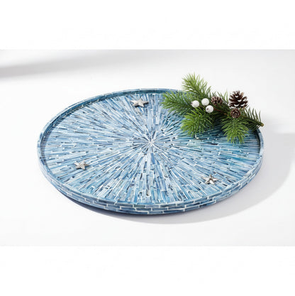 PEMAR 22" Round Mother of Pearl Extra Large Ottoman Tray with Raised Edge, Oversized Decorative Luxury Wooden Serving Tray for Food, Coffee Table, Breakfast in Bed (Blue Sunlight)