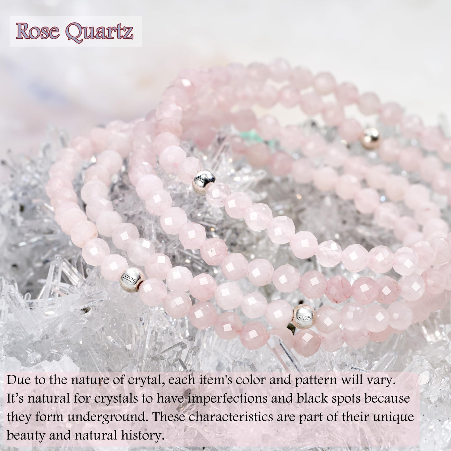 Farfume Rose Quartz - Acceptance - Beaded Bracelets for Women,Handmade Natural Stone 4mm Beads 925 Sterling Silver Stretch Bracelets, Chakra Crystal Gemstone Jewelry Gifts for Mom