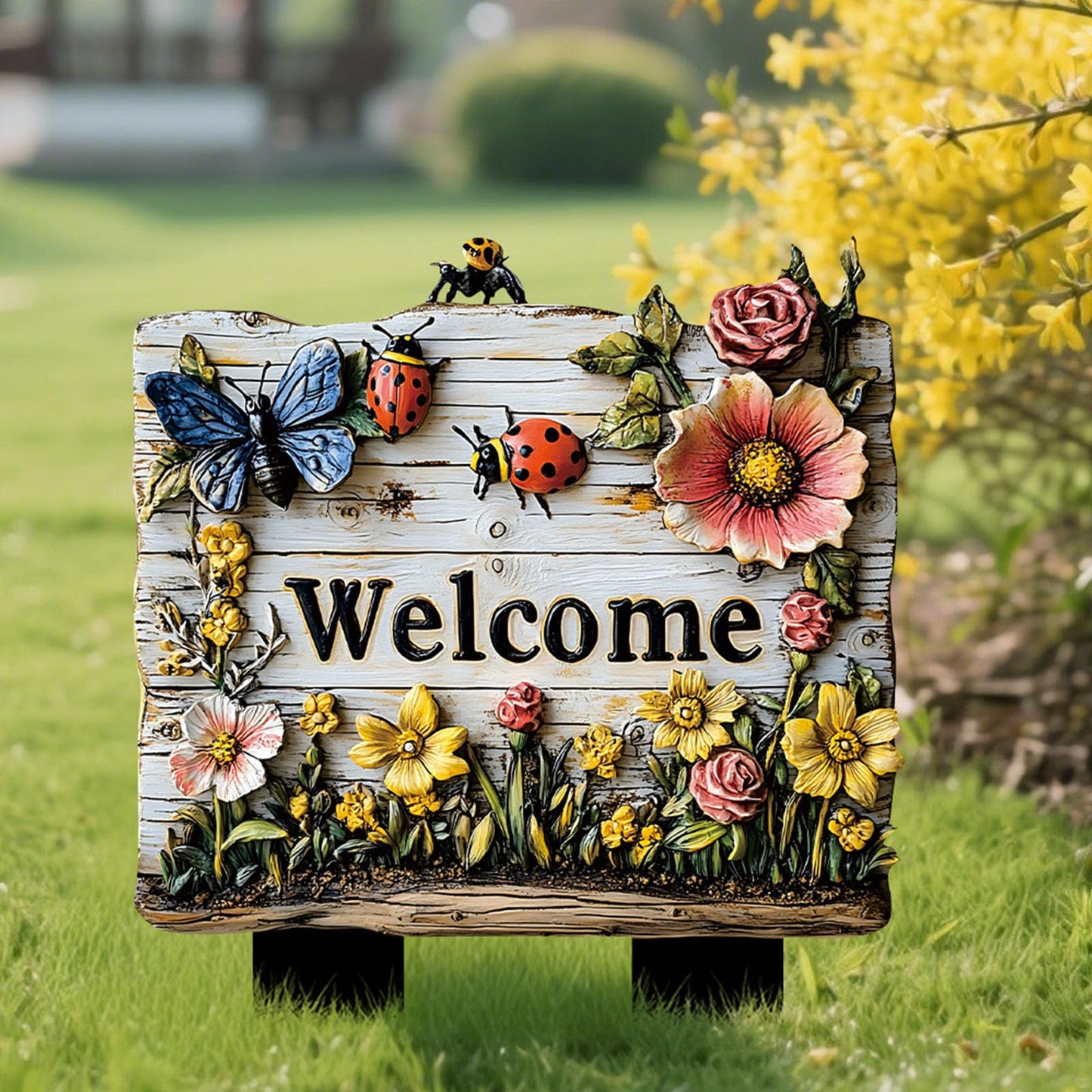 2 Pcs Flowers Garden Sign With Stake, 2D Flat Wooden Floral Ladybug Butterfly Welcome Sign, Personalized Sign Stakes for Pots Flower Bed Yard Lawn